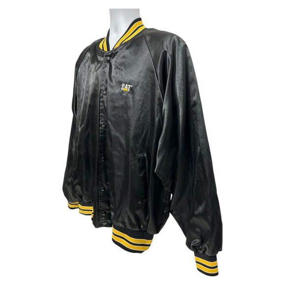 Hartwell Sports CAT Mens XL Black Satin Bomber Jacket Workwear Yellow Stripes - Picture 7 of 15